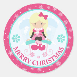 Pink and Blue Christmas Snow Girl Winter ラウンドシール