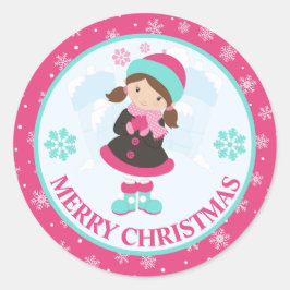 Pink and Blue Christmas Snow Girl Winter ラウンドシール