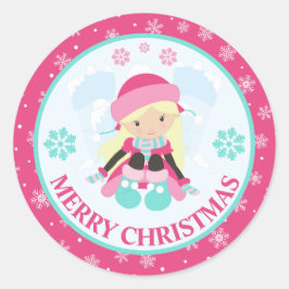 Pink and Blue Christmas Snow Girl Winter ラウンドシール