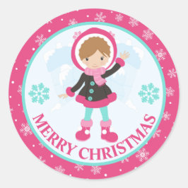 Pink and Blue Christmas Snow Girl Winter ラウンドシール