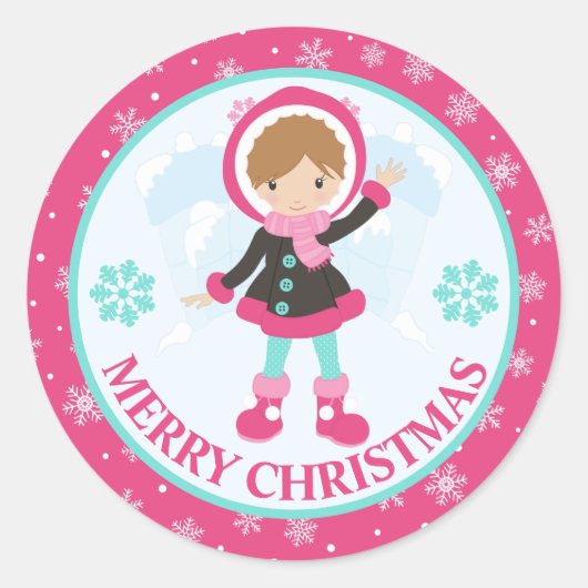 Pink and Blue Christmas Snow Girl Winter ラウンドシール (正面)