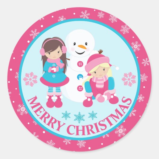 Pink and Blue Christmas Snow Girls and Snowman  ラウンドシール (正面)