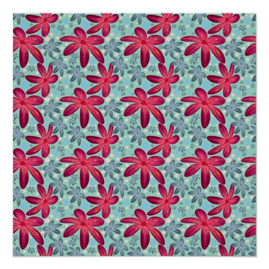 Pink and Blue Floral Seamless Pattern ポスター (正面)