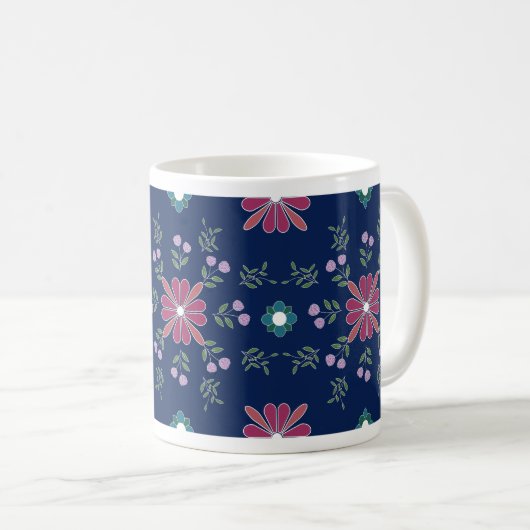 Pink and Blue Folk Art Floral Mug コーヒーマグカップ (正面右)