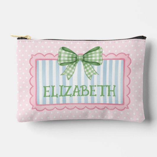 Pink and Blue Frame Green Gingham Bow アクセサリーポーチ (正面)
