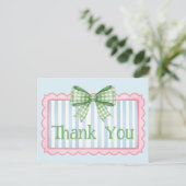 Pink and Blue Frame Green Gingham Bow Thank You ポストカード (スタンド正面)