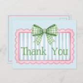 Pink and Blue Frame Green Gingham Bow Thank You ポストカード (正面/裏面)