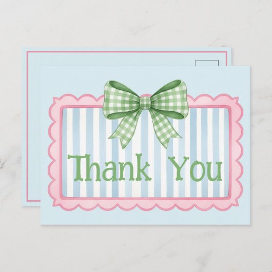 Pink and Blue Frame Green Gingham Bow Thank You ポストカード (正面/裏面)