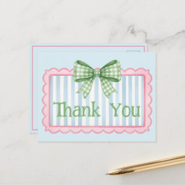 Pink and Blue Frame Green Gingham Bow Thank You ポストカード