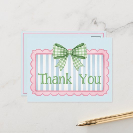 Pink and Blue Frame Green Gingham Bow Thank You ポストカード (正面/裏面インサイチュ)