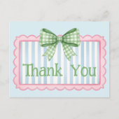 Pink and Blue Frame Green Gingham Bow Thank You ポストカード (正面)
