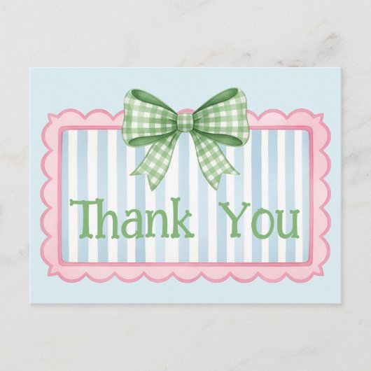 Pink and Blue Frame Green Gingham Bow Thank You ポストカード (正面)