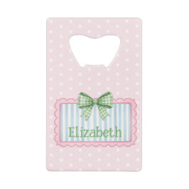 Pink and Blue Frame With Green Gingham Bow クレジットカード栓抜き