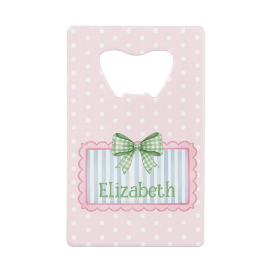Pink and Blue Frame With Green Gingham Bow クレジットカード栓抜き (正面)