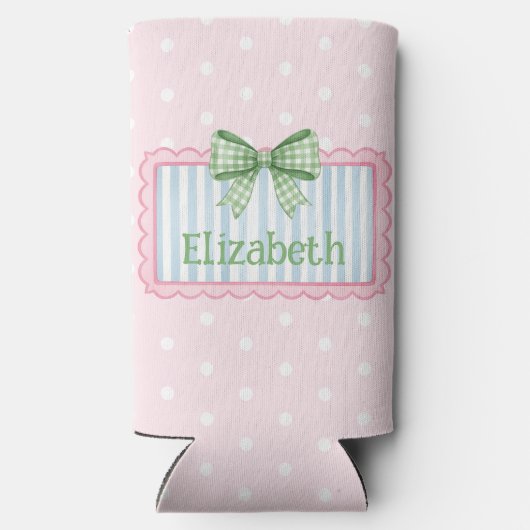 Pink and Blue Frame With Green Gingham Bow スリム缶クーラー (裏面)