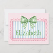Pink and Blue Frame With Green Gingham Bow ノートカード (正面)