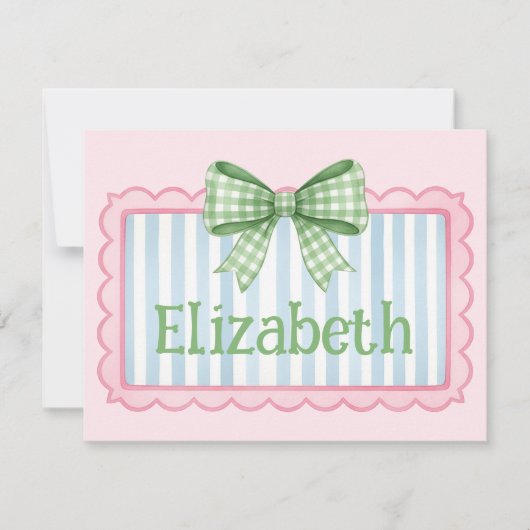 Pink and Blue Frame With Green Gingham Bow ノートカード (正面)