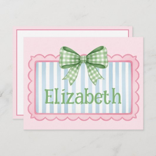 Pink and Blue Frame With Green Gingham Bow ノートカード (正面/裏面)