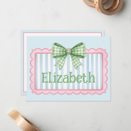 Pink and Blue Frame With Green Gingham Bow ノートカード