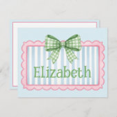 Pink and Blue Frame With Green Gingham Bow ノートカード (正面/裏面)