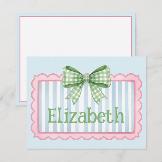 Pink and Blue Frame With Green Gingham Bow ノートカード (正面/裏面)
