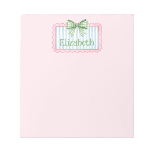 Pink and Blue Frame With Green Gingham Bow ノートパッド (正面)