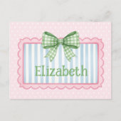 Pink and Blue Frame With Green Gingham Bow ポストカード (正面)