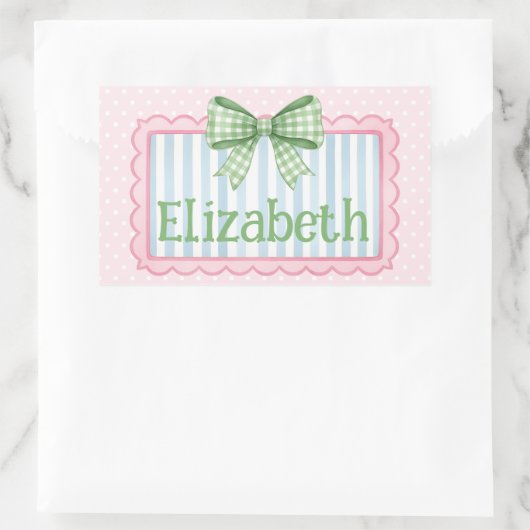 Pink and Blue Frame With Green Gingham Bow 長方形シール (バッグ)