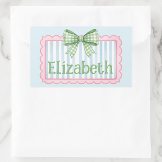 Pink and Blue Frame With Green Gingham Bow 長方形シール (バッグ)