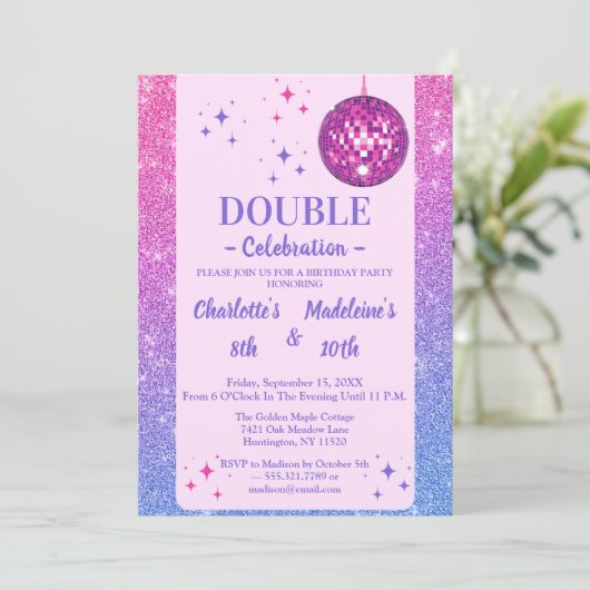 Pink and Blue Glitter Disco Joint Birthday 招待状 (スタンド正面)