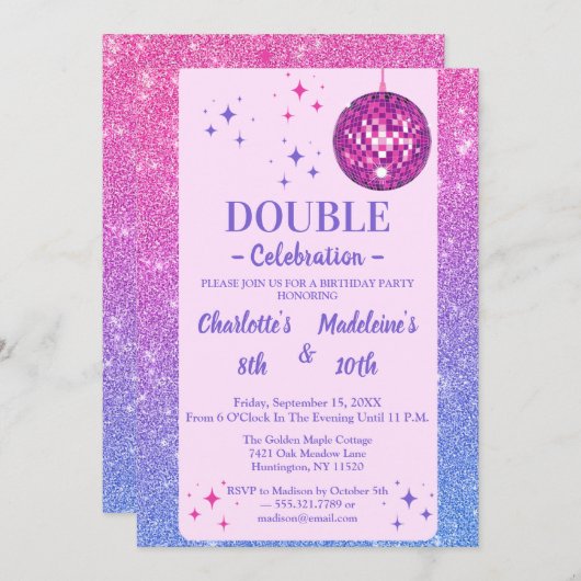 Pink and Blue Glitter Disco Joint Birthday 招待状 (正面/裏面)