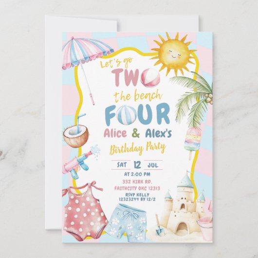 Pink and Blue Groovy Pastel Sibling Beach Party  招待状 (正面)