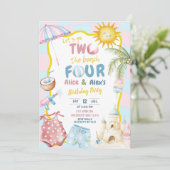 Pink and Blue Groovy Pastel Sibling Beach Party  招待状 (スタンド正面)