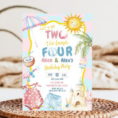 Pink and Blue Groovy Pastel Sibling Beach Party  招待状