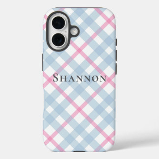 Pink and Blue Plaid Personalized Name iPhone 16ケース