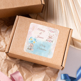 Pink and Blue Twin Teddy Bears on Swing with Cross スクエアシール