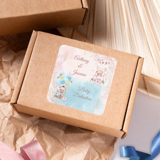 Pink and Blue Twin Teddy Bears on Swing with Cross スクエアシール