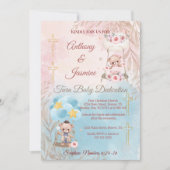 Pink and Blue Twin Teddy Bears on Swing with Photo 招待状 (正面)