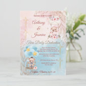 Pink and Blue Twin Teddy Bears on Swing with Photo 招待状 (スタンド正面)