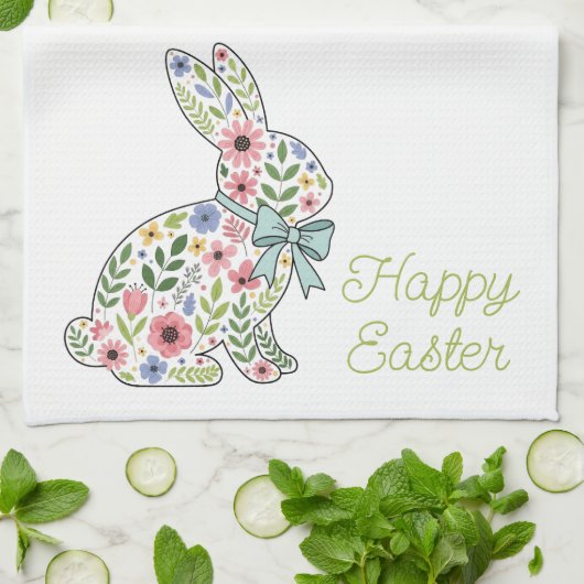 Pink and Blue Wildflower Easter Rabbit キッチンタオル (折り畳み)