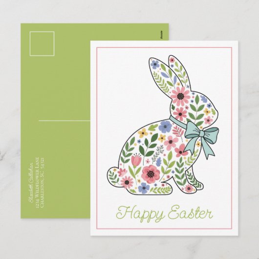 Pink and Blue Wildflower Easter Rabbit シーズンポストカード (正面/裏面)