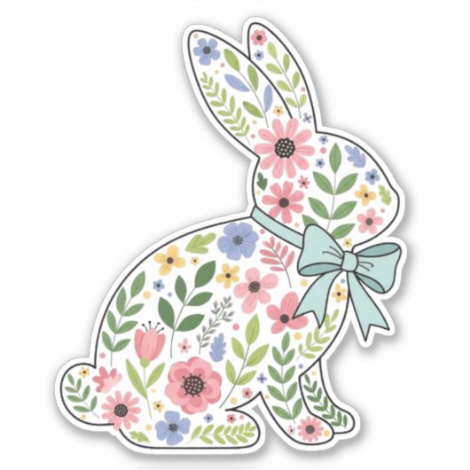 Pink and Blue Wildflower Easter Rabbit シール (正面)