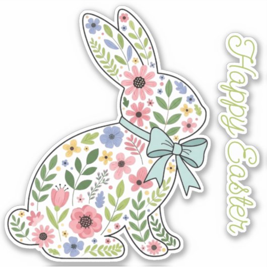 Pink and Blue Wildflower Easter Rabbit シール (正面)