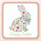 Pink and Blue Wildflower Easter Rabbit スクエアペーパーコースター (正面)