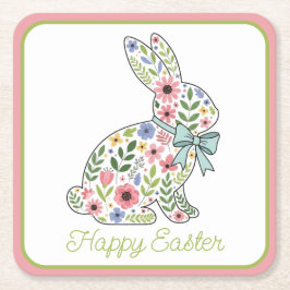 Pink and Blue Wildflower Easter Rabbit スクエアペーパーコースター