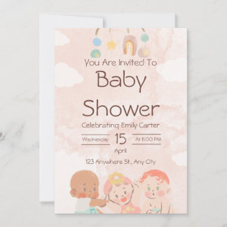 Pink and Brown Watercolor Baby Shower Invitation 招待状