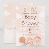 Pink and Brown Watercolor Baby Shower Invitation 招待状 (正面/裏面)