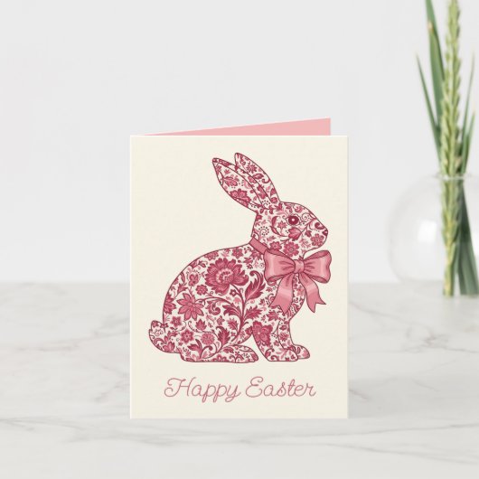 Pink and Cream Chinoiserie Easter Rabbit ノートカード (正面)