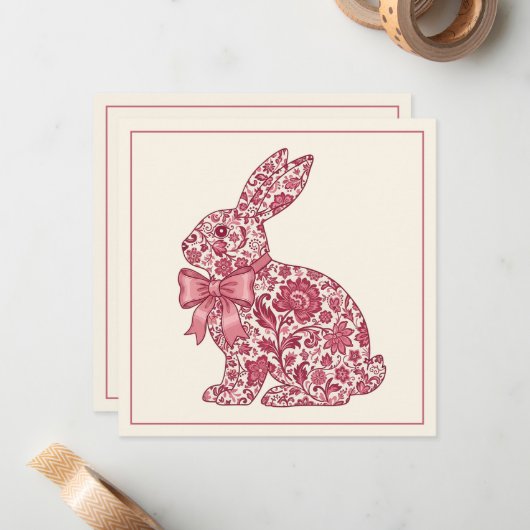 Pink and Cream Chinoiserie Easter Rabbit ノートカード (正面/裏面インサイチュ)
