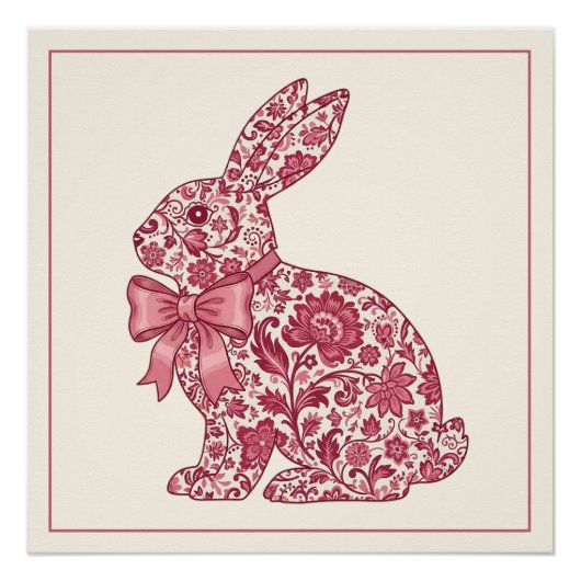 Pink and Cream Chinoiserie Easter Rabbit ポスター (正面)